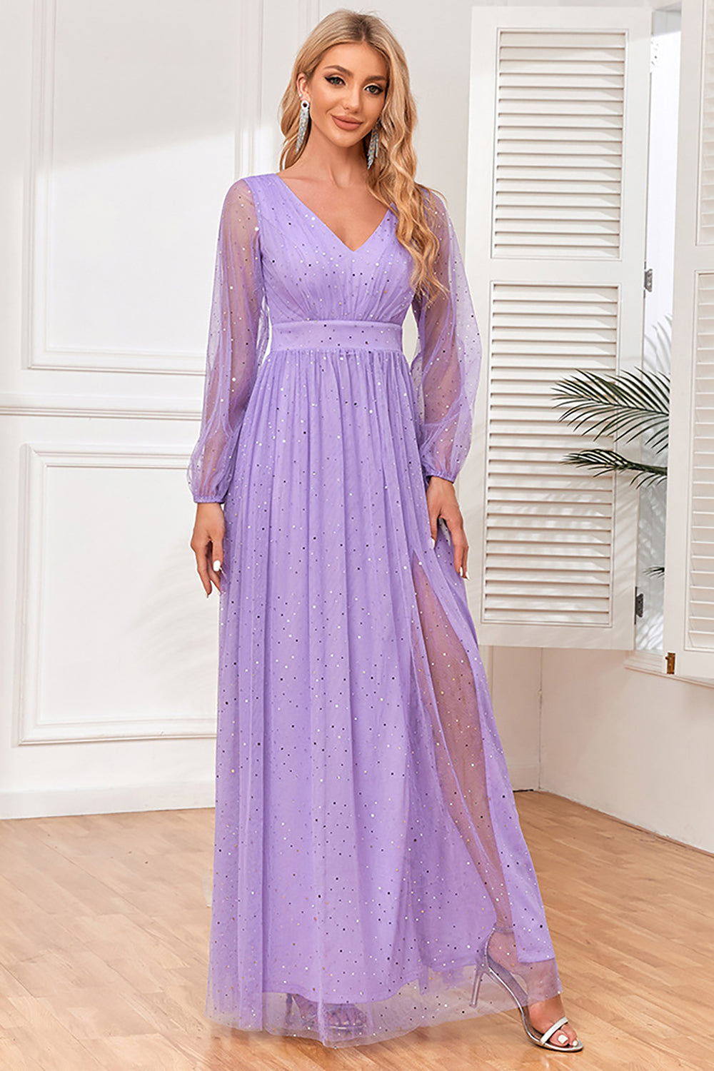 A-Line Long Sleeves Lilac Holiday Party Dress with Slit