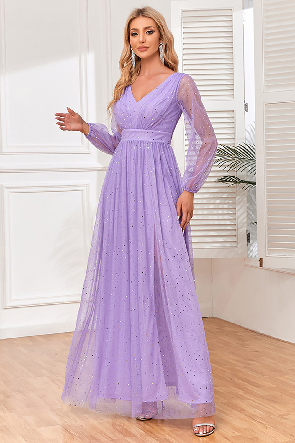 A-Line Long Sleeves Lilac Holiday Party Dress with Slit