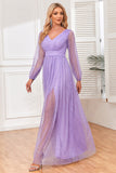 A-Line Long Sleeves Lilac Holiday Party Dress with Slit