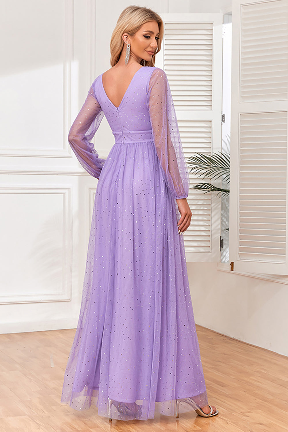 A-Line Long Sleeves Lilac Holiday Party Dress with Slit