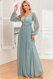 A-Line Sequins Blue Formal Dress with Long Sleeves