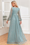 A-Line Sequins Blue Formal Dress with Long Sleeves