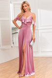 Velvet Cold Shoulder Dusty Rose Formal Dress with Slit