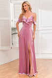 Velvet Cold Shoulder Dusty Rose Formal Dress with Slit