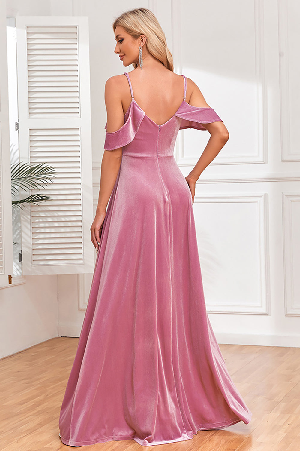 Velvet Cold Shoulder Dusty Rose Formal Dress with Slit