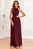 Sparkly Halter Burgundy Holiday Party Dress with Open Back