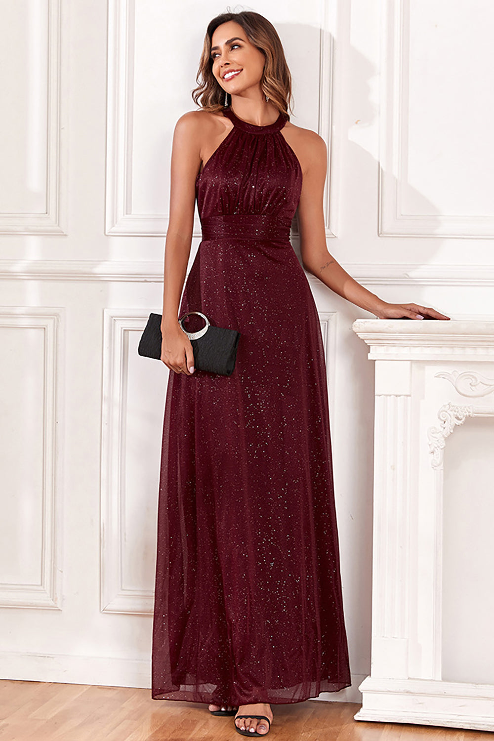 Sparkly Halter Burgundy Holiday Party Dress with Open Back