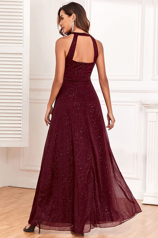 Sparkly Halter Burgundy Holiday Party Dress with Open Back
