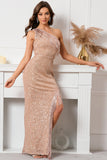Glitter One Shoulder Champagne Holiday Party Dress with Fringes