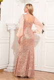 Long Sleeves Sequins Champagne Holiday Party Dress with Slit