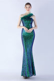 Metal One Shoulder Mermaid Sequin Formal Dress With Feather