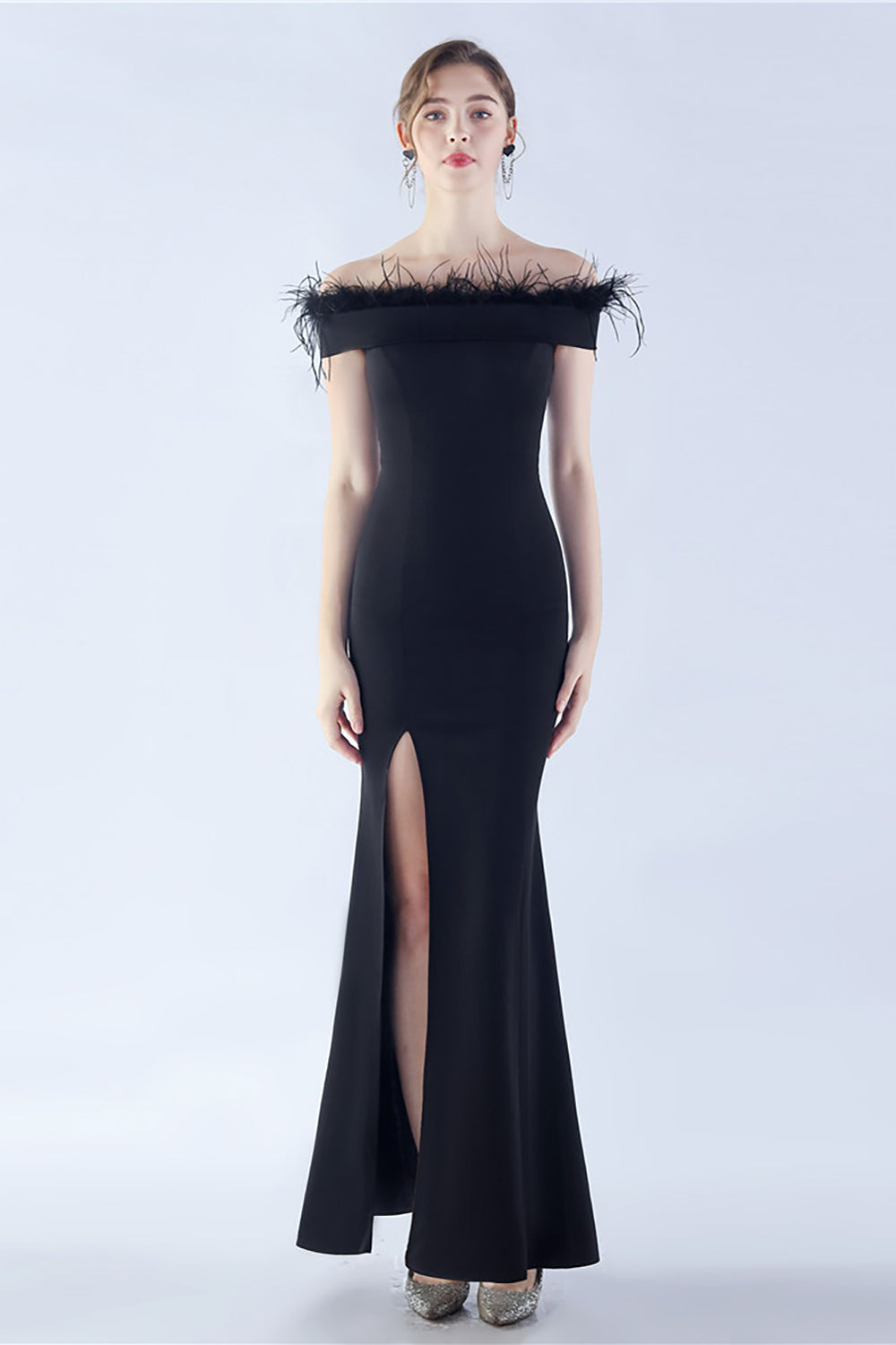 Navy Off the Shoulder Mermaid Crepe Formal Dress With Feather