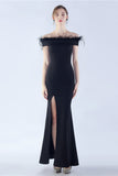 Navy Off the Shoulder Mermaid Crepe Formal Dress With Feather