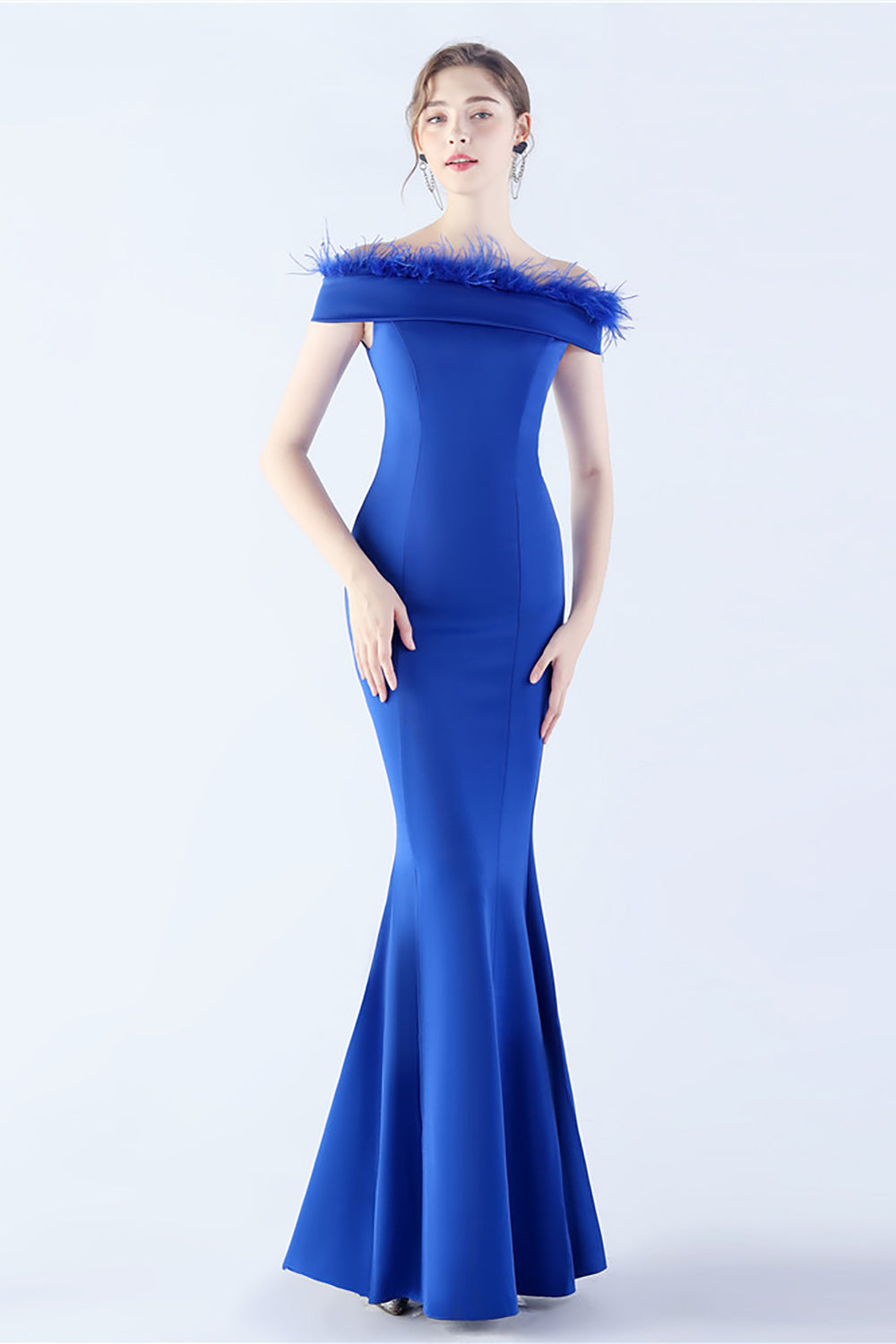 Navy Off the Shoulder Mermaid Crepe Formal Dress With Feather
