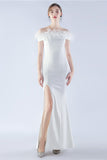 Navy Off the Shoulder Mermaid Crepe Formal Dress With Feather