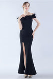 Navy Off the Shoulder Mermaid Crepe Formal Dress With Feather