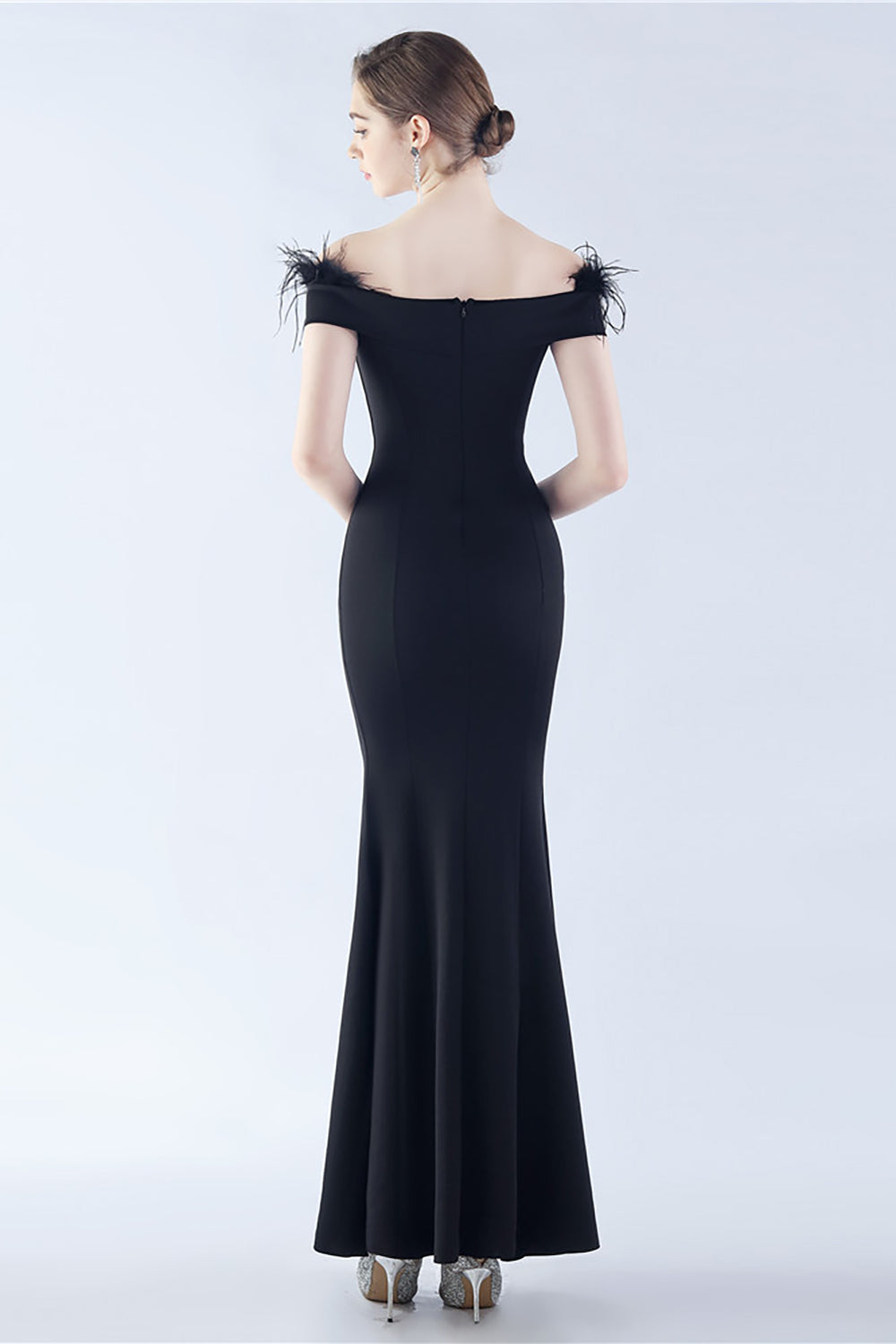 Navy Off the Shoulder Mermaid Crepe Formal Dress With Feather