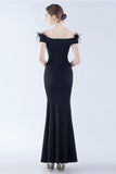 Navy Off the Shoulder Mermaid Crepe Formal Dress With Feather