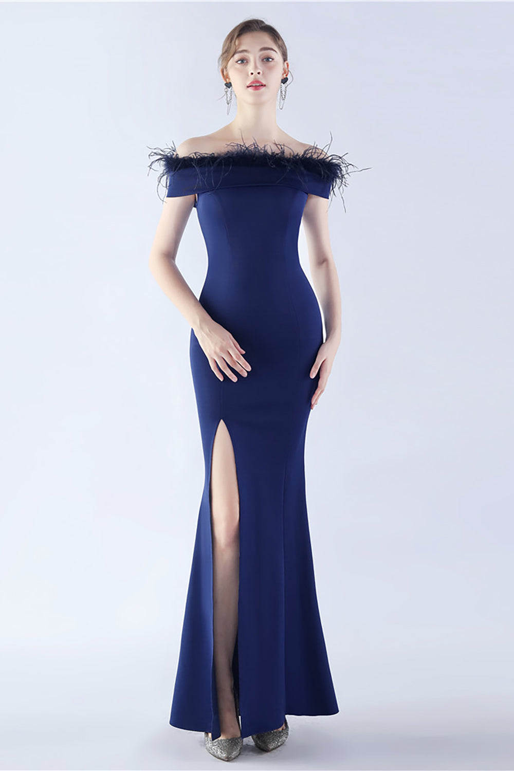 Navy Off the Shoulder Mermaid Crepe Formal Dress With Feather