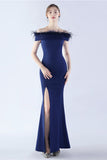 Navy Off the Shoulder Mermaid Crepe Formal Dress With Feather
