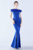 Navy Off the Shoulder Mermaid Crepe Formal Dress With Feather