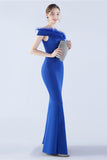 Navy Off the Shoulder Mermaid Crepe Formal Dress With Feather
