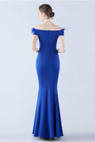 Navy Off the Shoulder Mermaid Crepe Formal Dress With Feather