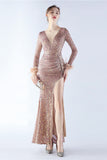 Black Mermaid Sequin Feather Long-Sleeve Evening Dress With Slit