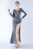 Black Mermaid Sequin Feather Long-Sleeve Evening Dress With Slit
