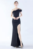 Burgundy One Shoulder Sheath Crepe Formal Dress with Feather