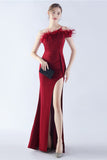 Burgundy One Shoulder Sheath Crepe Formal Dress with Feather