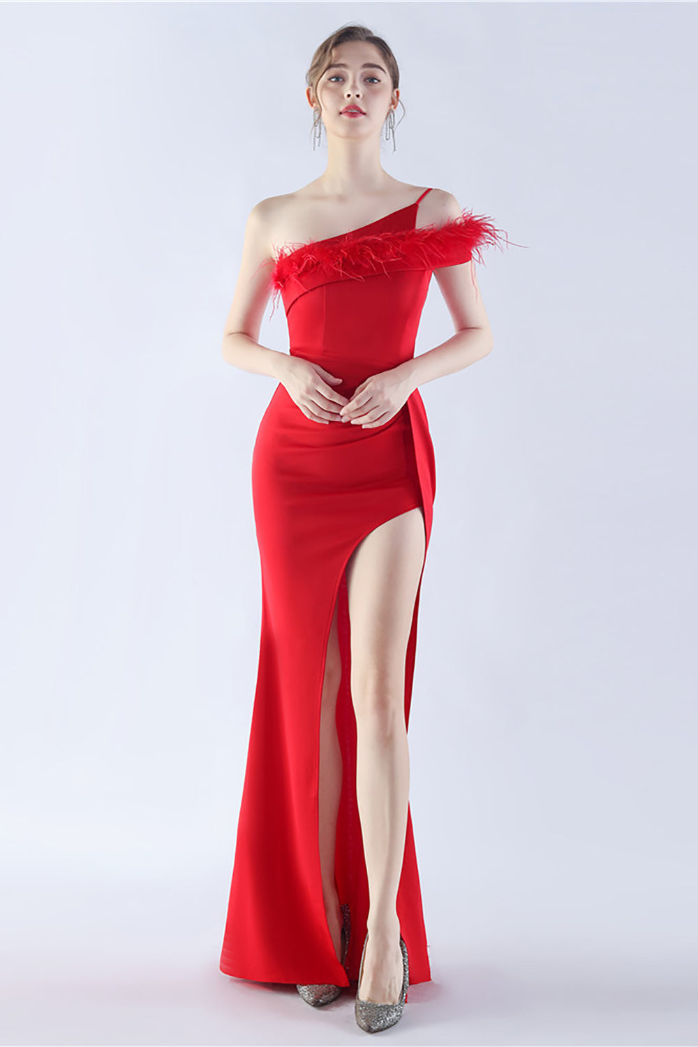 Burgundy One Shoulder Sheath Crepe Formal Dress with Feather