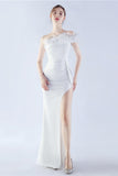 Burgundy One Shoulder Sheath Crepe Formal Dress with Feather