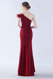 Burgundy One Shoulder Sheath Crepe Formal Dress with Feather