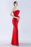 Burgundy One Shoulder Sheath Crepe Formal Dress with Feather