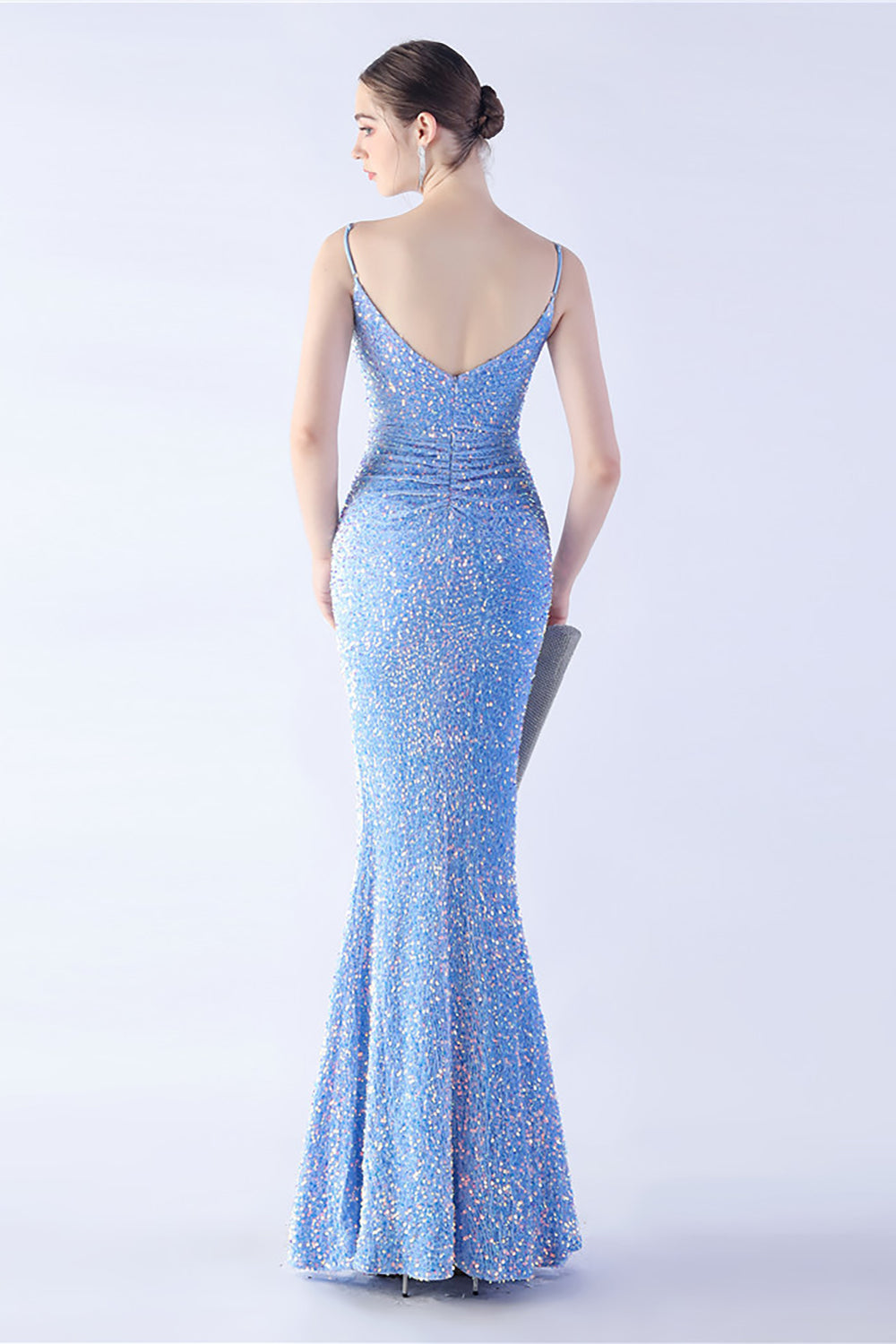 Glitter Mermaid Spaghetti Straps Beaded Symphony Black Formal Dress With Side Slit