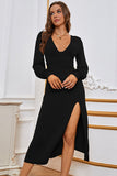 Black Long Sleeves Holiday Party Dress with Slit