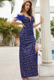 Mermaid Cold Shoulder Blue Prom Dress with Feathers