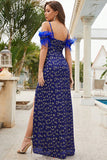 Mermaid Cold Shoulder Blue Prom Dress with Feathers