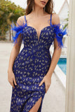 Mermaid Cold Shoulder Blue Prom Dress with Feathers