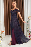 Glitter A-Line Purple Prom Dress with Shoulder