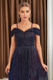 Glitter A-Line Purple Prom Dress with Shoulder