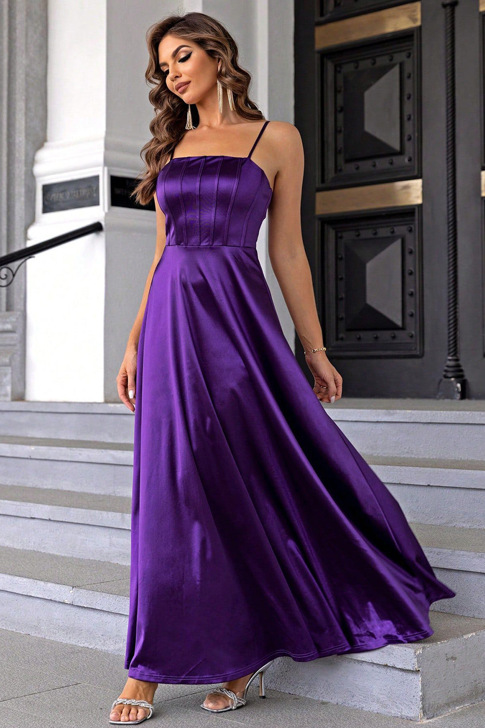 Zapakasa Women Purple Spaghetti Straps A-Line Satin Long Prom Dress, Purple / S Zapakasa Women Purple Spaghetti Straps A-Line Satin Long Prom Dress, Purple / S