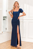 Navy Mermaid Square Neck Short Sleeves Prom Dress with Slit