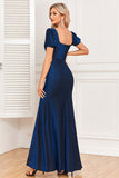 Navy Mermaid Square Neck Short Sleeves Prom Dress with Slit
