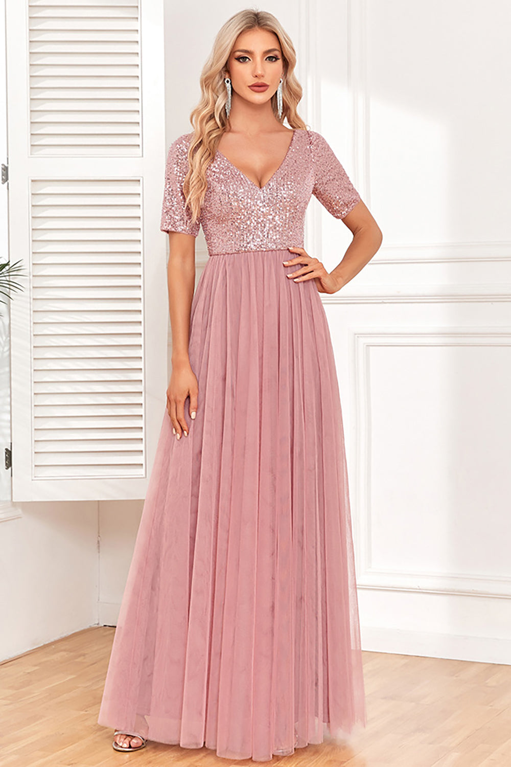 Dusty Rose A-Line V Neck Tulle Prom Dress with Short Sleeves