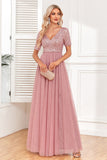 Dusty Rose A-Line V Neck Tulle Prom Dress with Short Sleeves