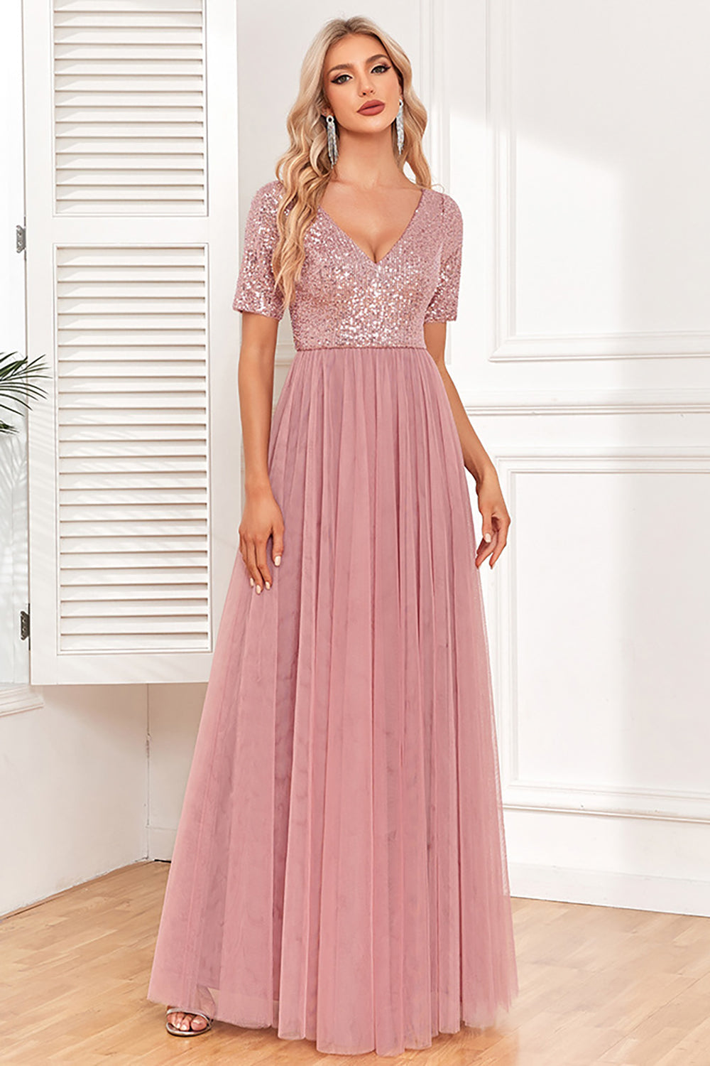 Dusty Rose A-Line V Neck Tulle Prom Dress with Short Sleeves