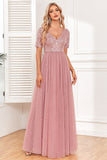 Dusty Rose A-Line V Neck Tulle Prom Dress with Short Sleeves