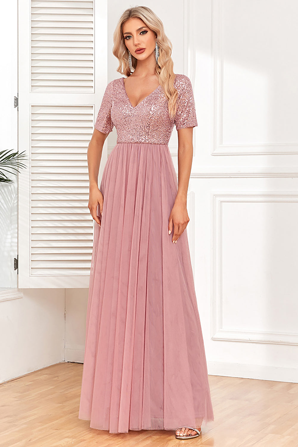 Dusty Rose A-Line V Neck Tulle Prom Dress with Short Sleeves